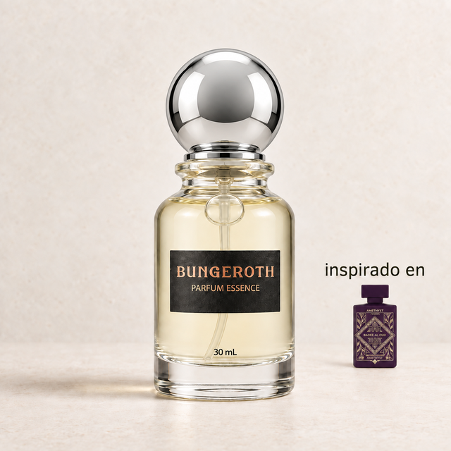 Amatista Misteriosa(Inspirado en Lattafa Amethyste Unisex) — envase Bungeroth 30 mL sobre piedra clara