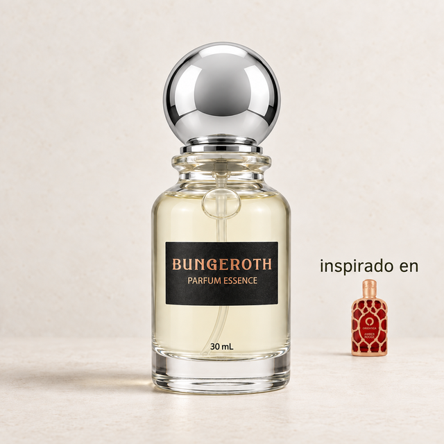 Ámbar Carmesí Bungeroth en el nuevo envase de 30 mL, inspirado en Orientica Amber Rouge Unisex, sobre fondo de piedra clara