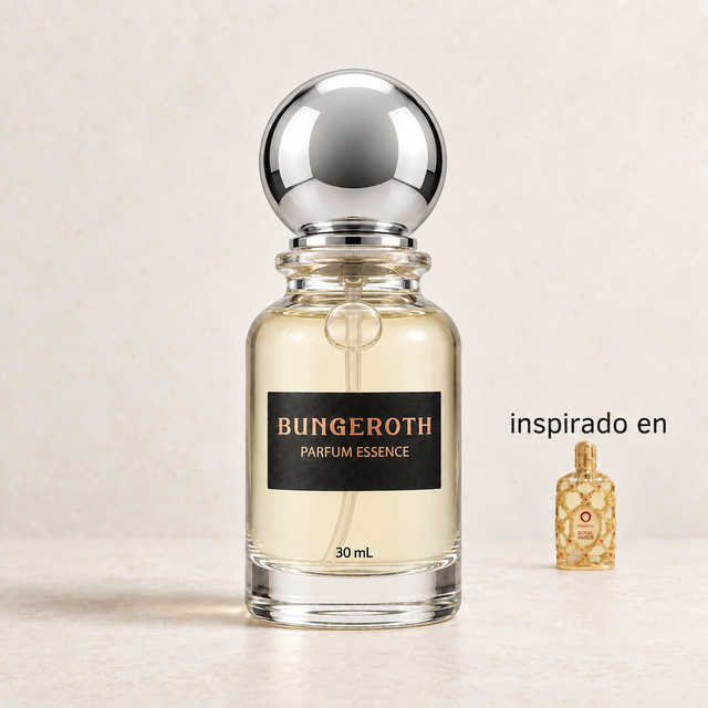 Ámbar Regio(Inspirado en Orientica Royal Amber Unisex) — envase Bungeroth 30 mL sobre piedra clara