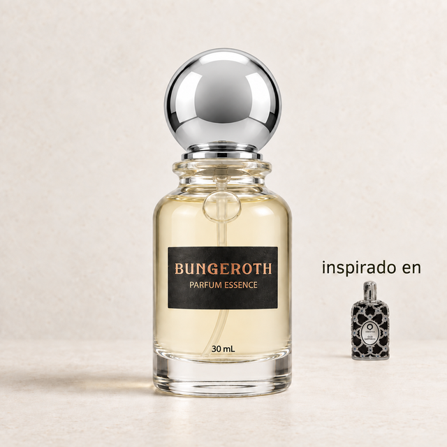 Azafrán y Oud(Inspirado en Orientica Oud Saffron Unisex) — envase Bungeroth 30 mL sobre piedra clara