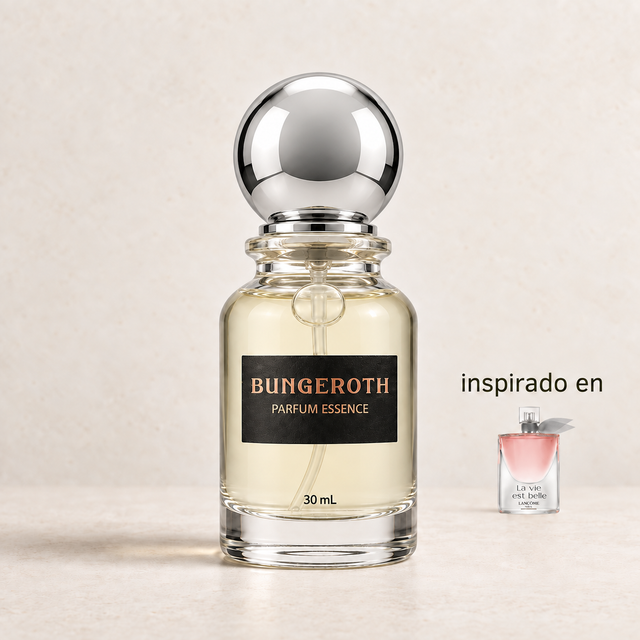 Belleza de Vida(Inspirado en Lancome La Vida Es Bella Dama) — envase Bungeroth 30 mL sobre piedra clara