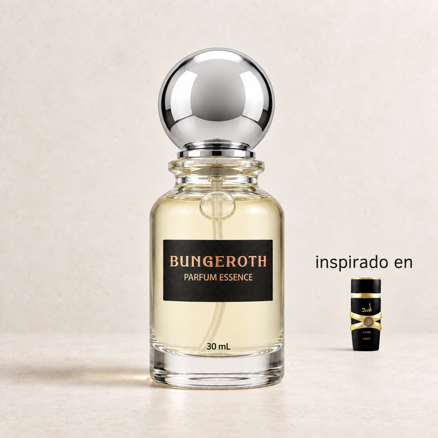 Black Flame (Inspirado en Asad de Lattafa) — envase Bungeroth 30 mL sobre piedra clara