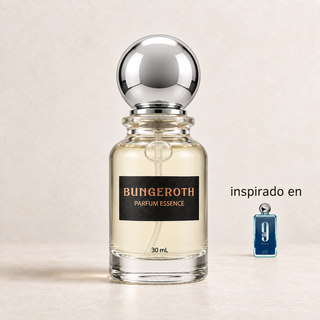 Brisa Azul(Inspirado en Afnan 9 Am Dive Unisex) — envase Bungeroth 30 mL sobre piedra clara