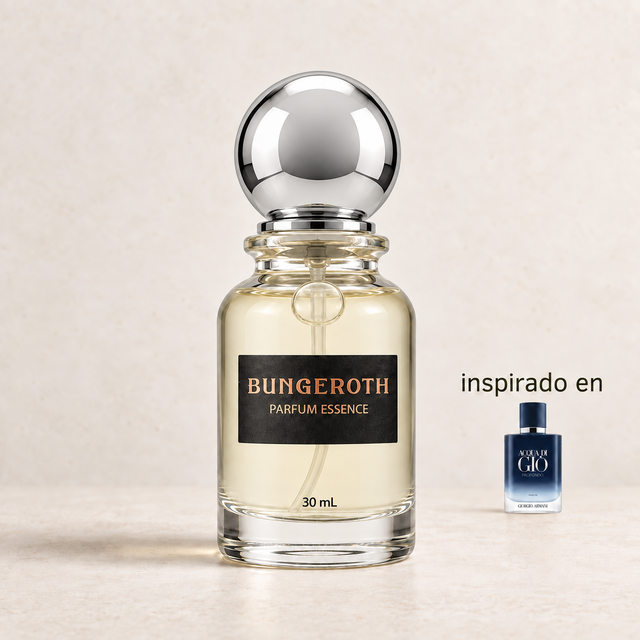 Deep Azure (inspirado en Acqua di Giò Profondo men) — envase Bungeroth 30 mL sobre piedra clara