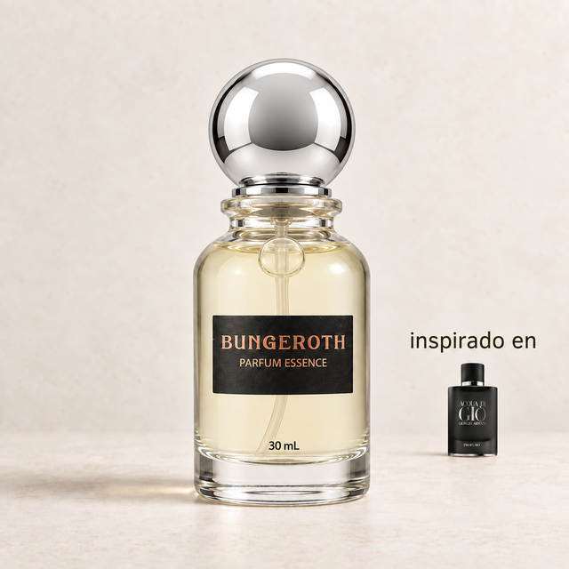 Deep Marine (Inspirado en Acqua di Gio Profumo men) — envase Bungeroth 30 mL sobre piedra clara