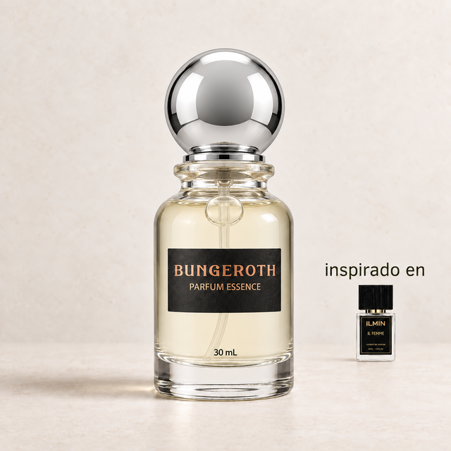 Dorado Shaheen(Inspirado en Ilmin Il Femme Unisex) — envase Bungeroth 30 mL sobre piedra clara