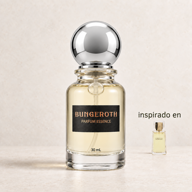 Elegancia Distinta(Inspirado en CH Carolina Herrera Dama) — envase Bungeroth 30 mL sobre piedra clara