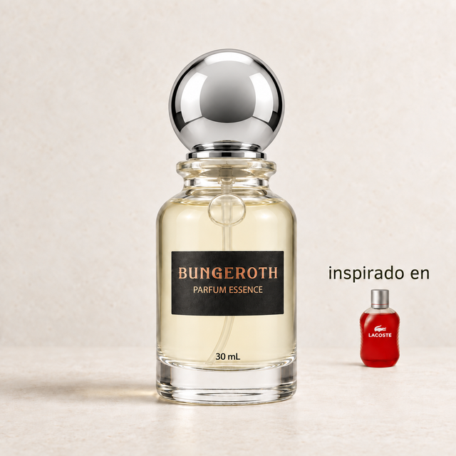 Espíritu Carmesí (Inspirado en Lacoste Red men) — envase Bungeroth 30 mL sobre piedra clara