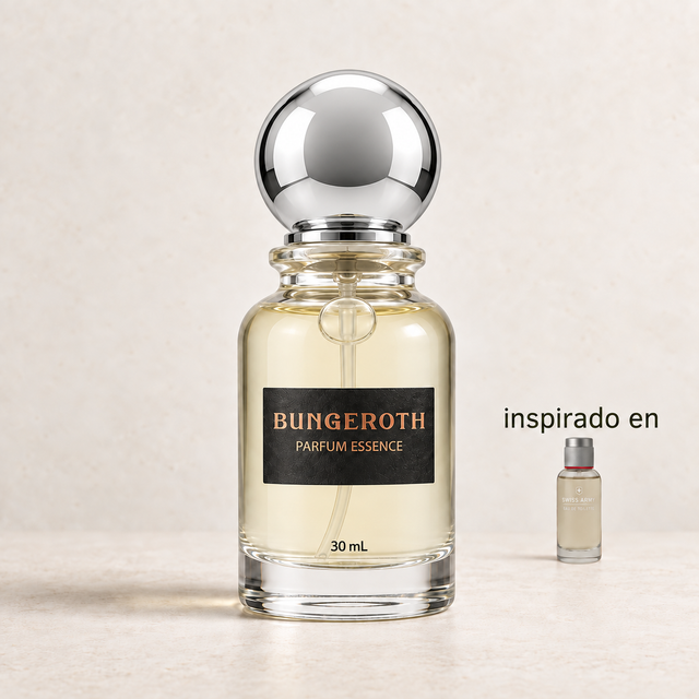 Espíritu Suizo (Inspirado Swiss Army men) — envase Bungeroth 30 mL sobre piedra clara