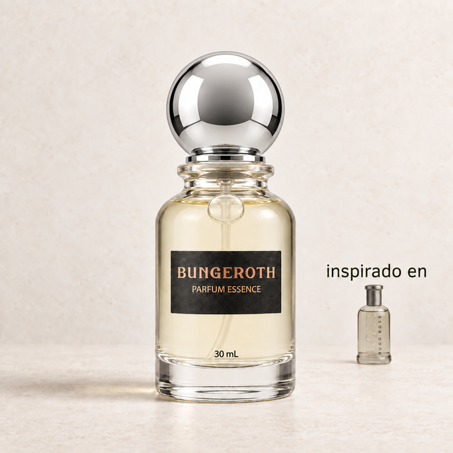 Gris Elegancia(Inspirado en Hugo Boss Gris Men) — envase Bungeroth 30 mL sobre piedra clara