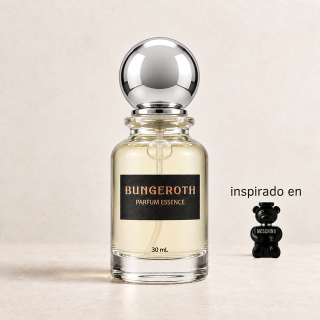 Juego Audaz (Inspirado Moschino Toy boy men) — envase Bungeroth 30 mL sobre piedra clara