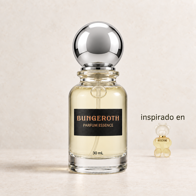 Juego de Elegancia(Inspirado en Moschino Toy 2 Dama) — envase Bungeroth 30 mL sobre piedra clara