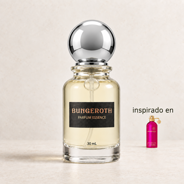 Musa de Rosas(Inspirado en Montale Roses Musk Unisex) — envase Bungeroth 30 mL sobre piedra clara