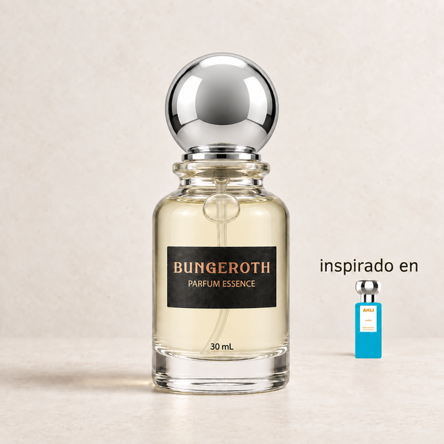 Myrrha Bloom (Inspirado en Ahli Karpos unisex) — envase Bungeroth 30 mL sobre piedra clara