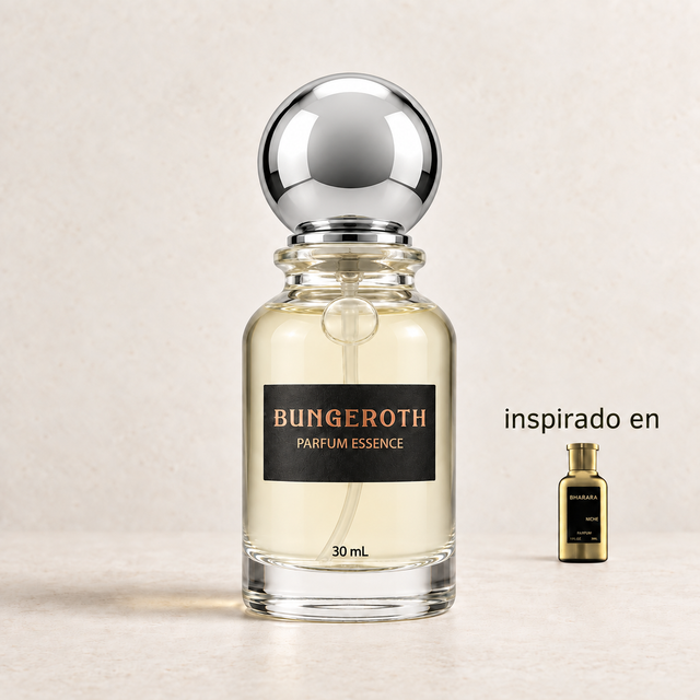 Mystic Aura (Inspirado en Bharara Niche Unisex) — envase Bungeroth 30 mL sobre piedra clara