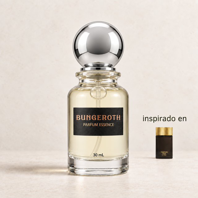Noche Imperial – Caballero (Inspirado en Tom Ford Noir Extreme) — envase Bungeroth 30 mL sobre piedra clara