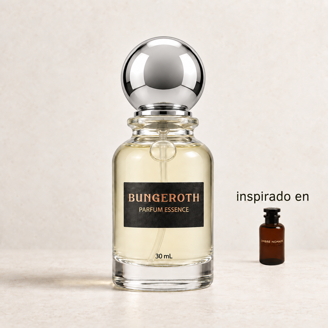 Nocturne Oud(Inspirado Louis vuitton ombre nomade) — envase Bungeroth 30 mL sobre piedra clara