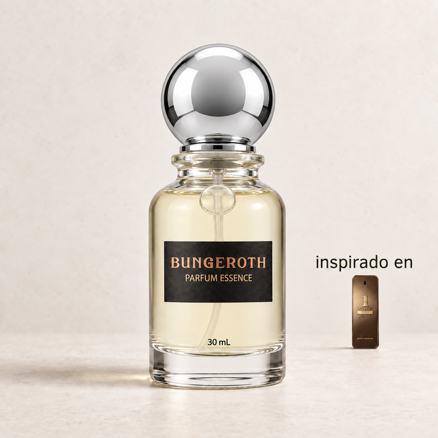 Oro Intenso (Paco Rabanne One Million Privé men) — envase Bungeroth 30 mL sobre piedra clara