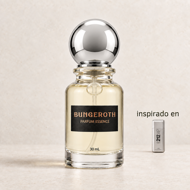 Privé Urbano (Inspirado Ch 212 Vip men) — envase Bungeroth 30 mL sobre piedra clara