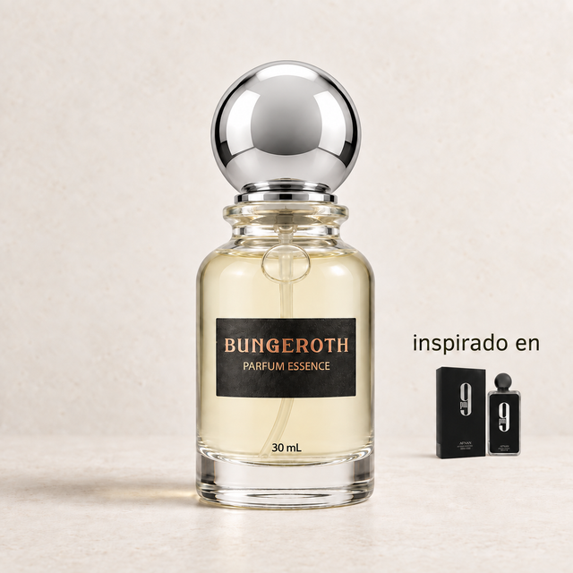 Pulso Nocturno (Inspirado en Afnan 9PM – Hombre) — envase Bungeroth 30 mL sobre piedra clara