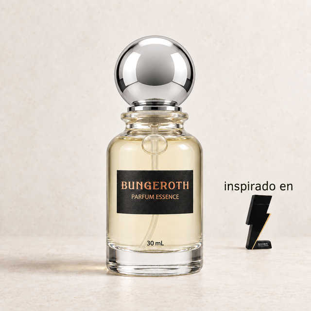 Rebelde Elegante(Inspirado en Ch Bad Boy Men) — envase Bungeroth 30 mL sobre piedra clara