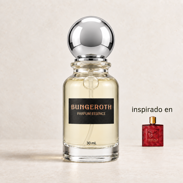 Red Intense (Inspirado en Versace Eros Flame men) — envase Bungeroth 30 mL sobre piedra clara