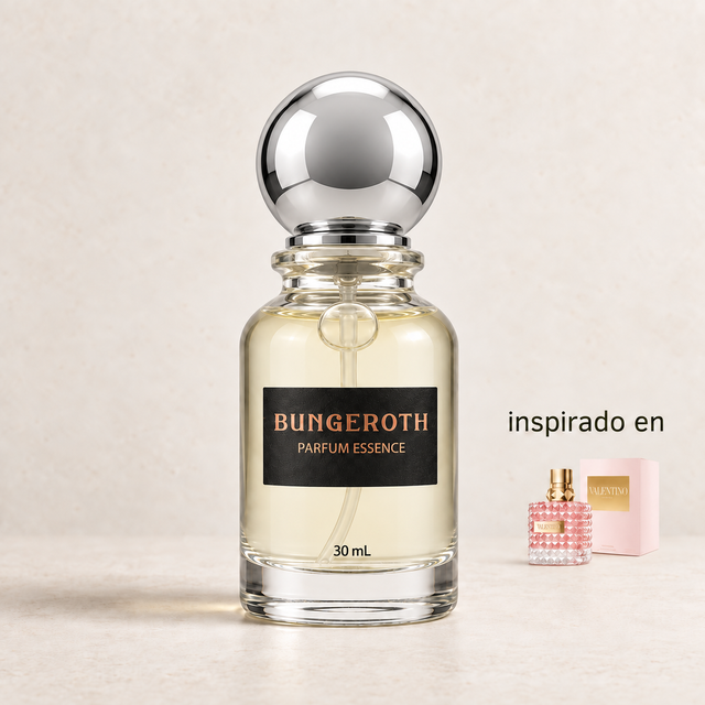 Rosa Couture (Inspirado en Valentino Donna – Mujer) — envase Bungeroth 30 mL sobre piedra clara