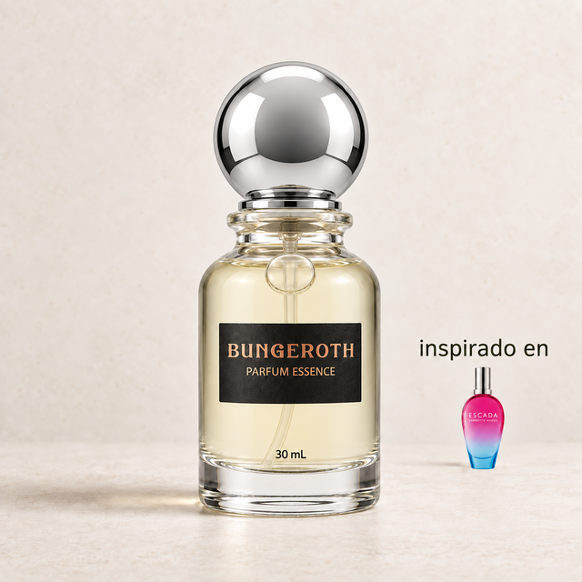 Rosa Refrescante(Inspirado en Escada Sorbeto Roso Dama) — envase Bungeroth 30 mL sobre piedra clara