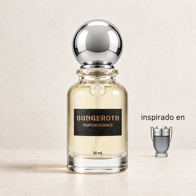 Triunfo (Inspirado en invictus men de paco rabanne) — envase Bungeroth 30 mL sobre piedra clara