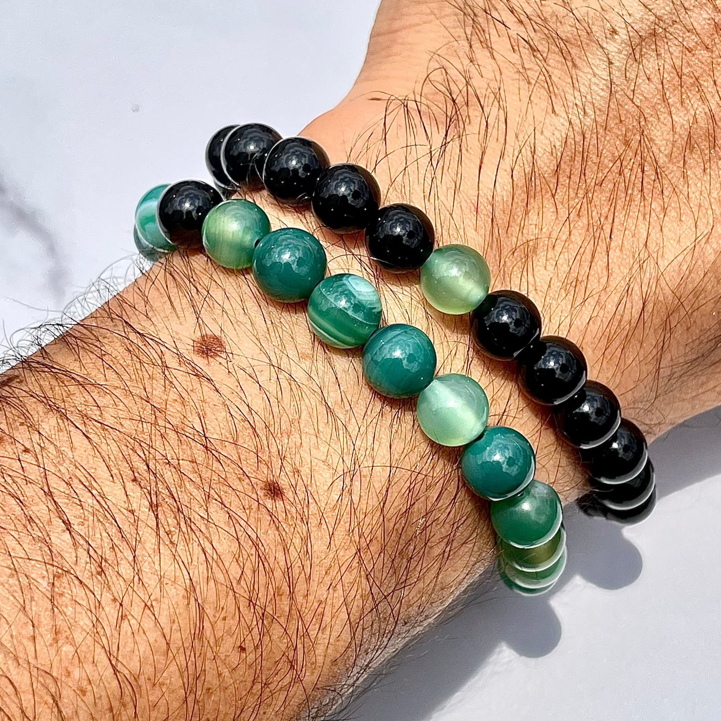 Set pulseras caballero ágata verde 8mm y onix 8mm