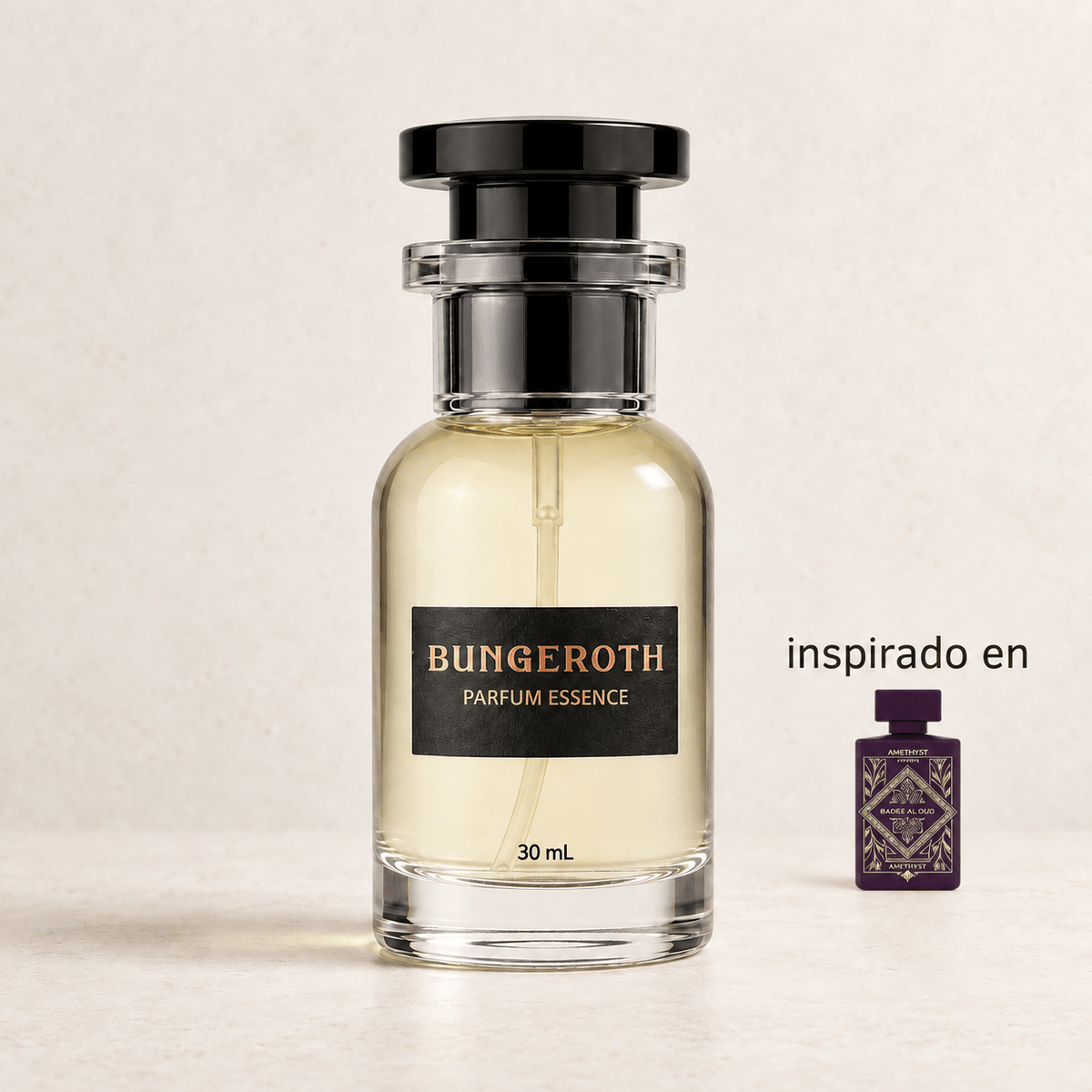 Amatista Misteriosa(Inspirado en Lattafa Amethyste Unisex) — envase Bungeroth 30 mL sobre piedra clara