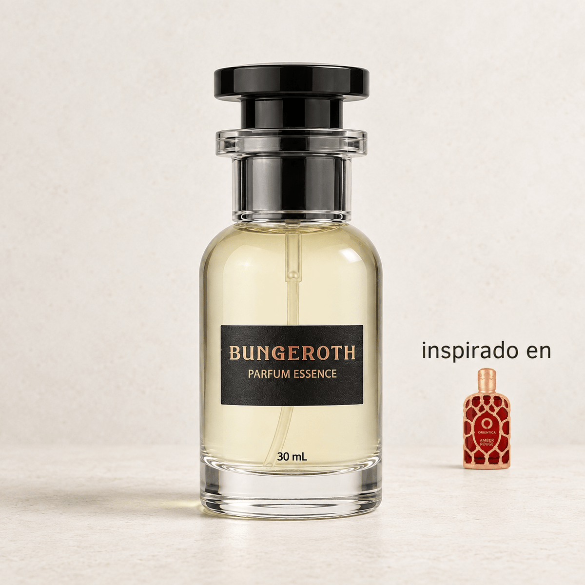 Ámbar Carmesí Bungeroth en el nuevo envase de 30 mL, inspirado en Orientica Amber Rouge Unisex, sobre fondo de piedra clara