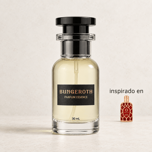 Ámbar Carmesí Bungeroth en el nuevo envase de 30 mL, inspirado en Orientica Amber Rouge Unisex, sobre fondo de piedra clara