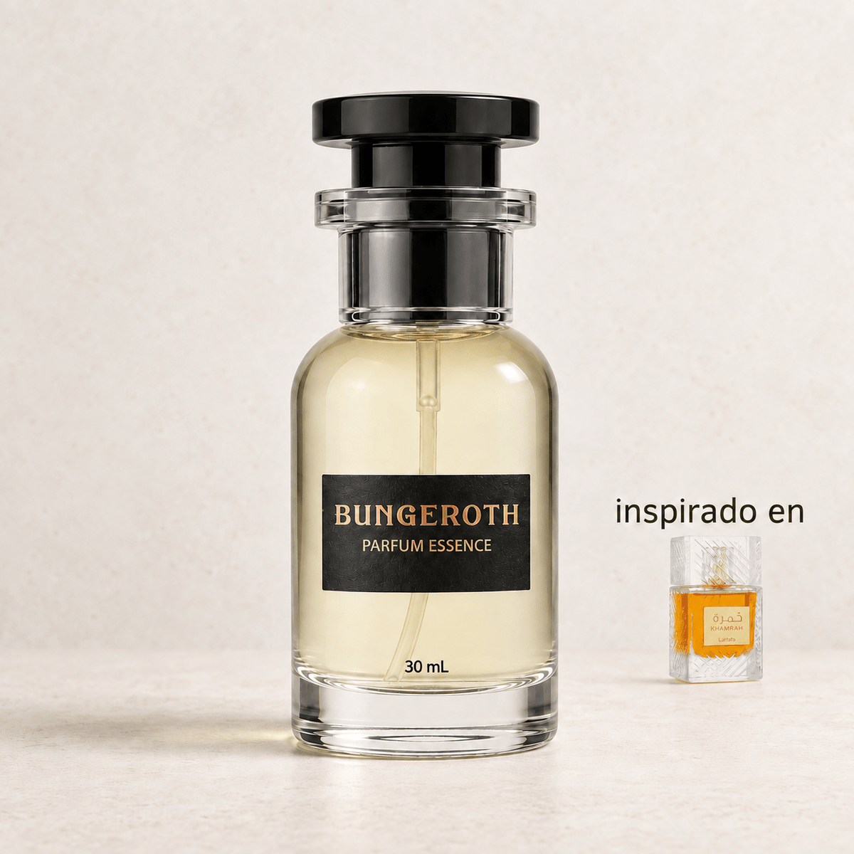 Amber Soul (Inspirado en Khamrah de Lattafa) — envase Bungeroth 30 mL sobre piedra clara