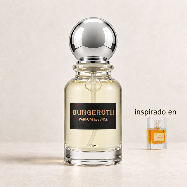 Amber Soul (Inspirado en Khamrah de Lattafa) — envase Bungeroth 30 mL sobre piedra clara