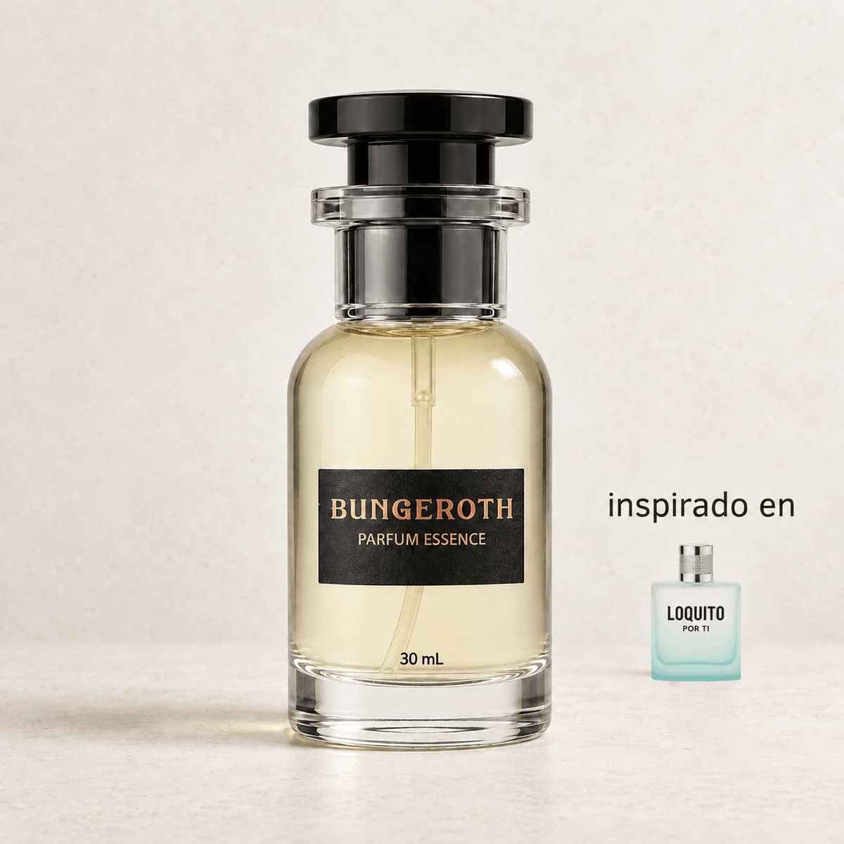 Amor Desenfrenado(Inspirado en Loquito por Ti Dama) — envase Bungeroth 30 mL sobre piedra clara