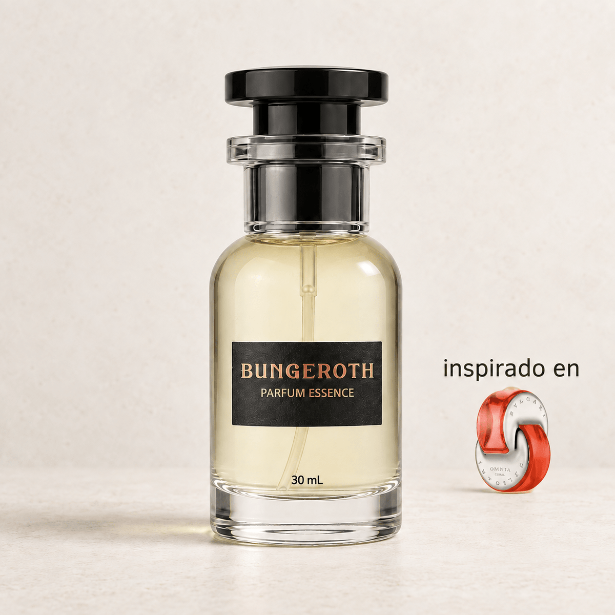 Arrecife de Coral(Inspirado en Bvlgari Omnia Coral Dama) — envase Bungeroth 30 mL sobre piedra clara
