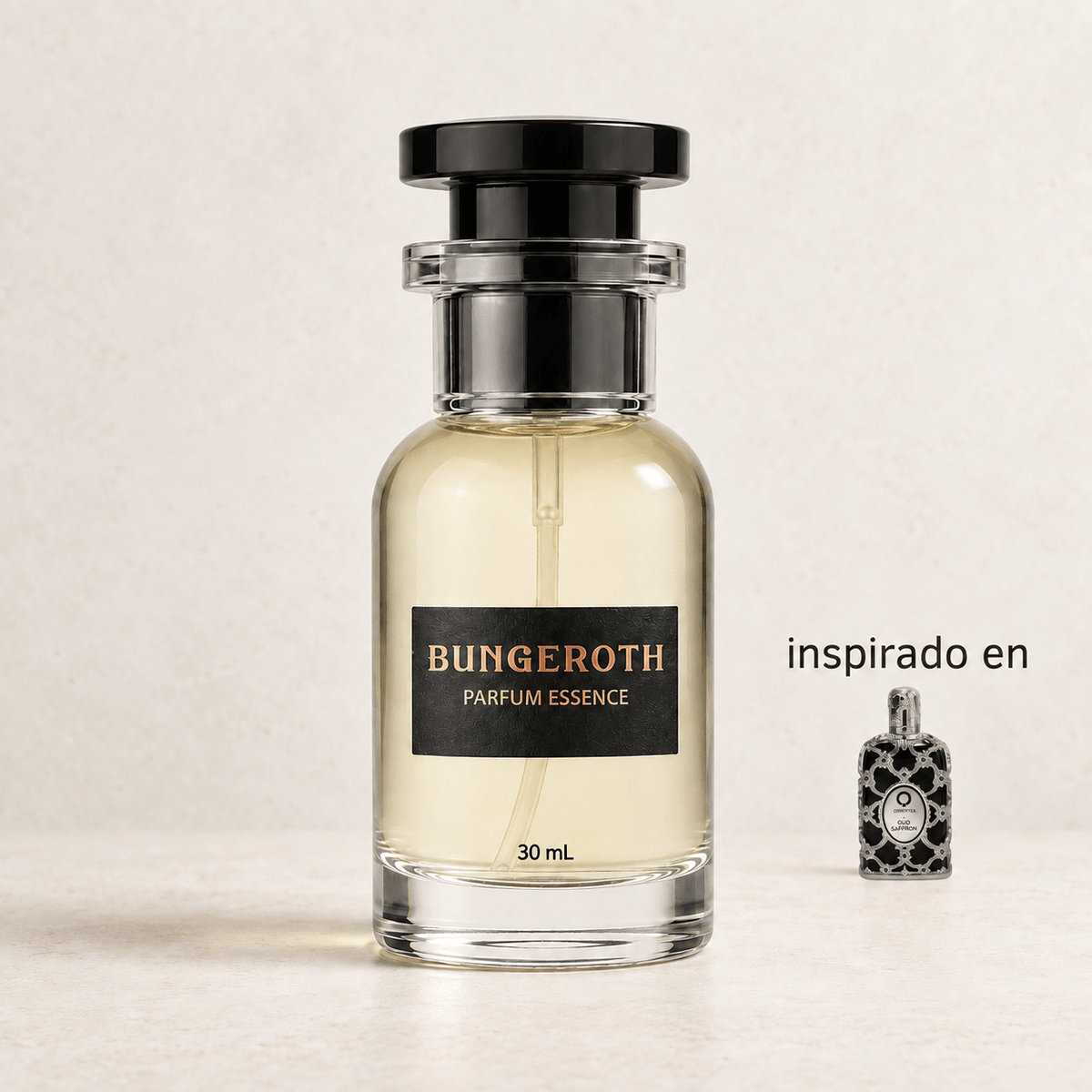 Azafrán y Oud(Inspirado en Orientica Oud Saffron Unisex) — envase Bungeroth 30 mL sobre piedra clara