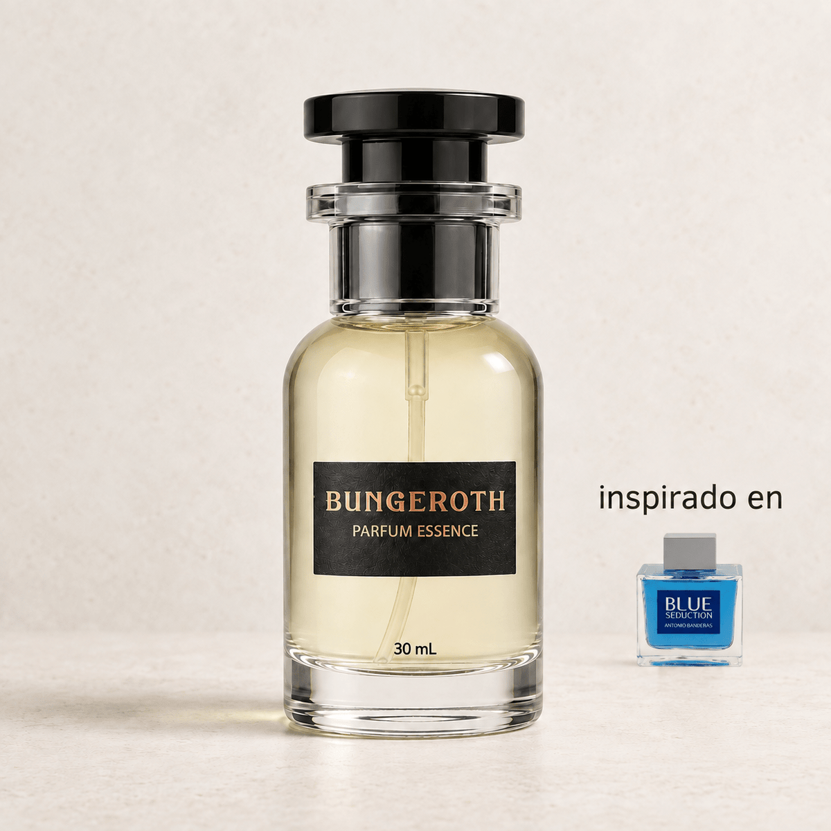 Azul Magnetismo(Inspirado Antonio Banderas Blue Seducción Men) — envase Bungeroth 30 mL sobre piedra clara