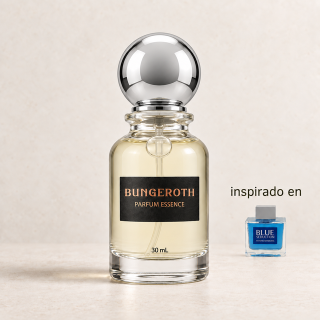 Azul Magnetismo(Inspirado Antonio Banderas Blue Seducción Men) — envase Bungeroth 30 mL sobre piedra clara