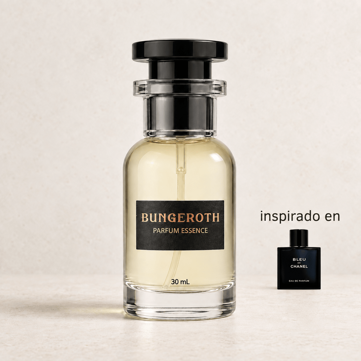 Azul Supremo (Inspirado en Bleu de Chanel) — envase Bungeroth 30 mL sobre piedra clara