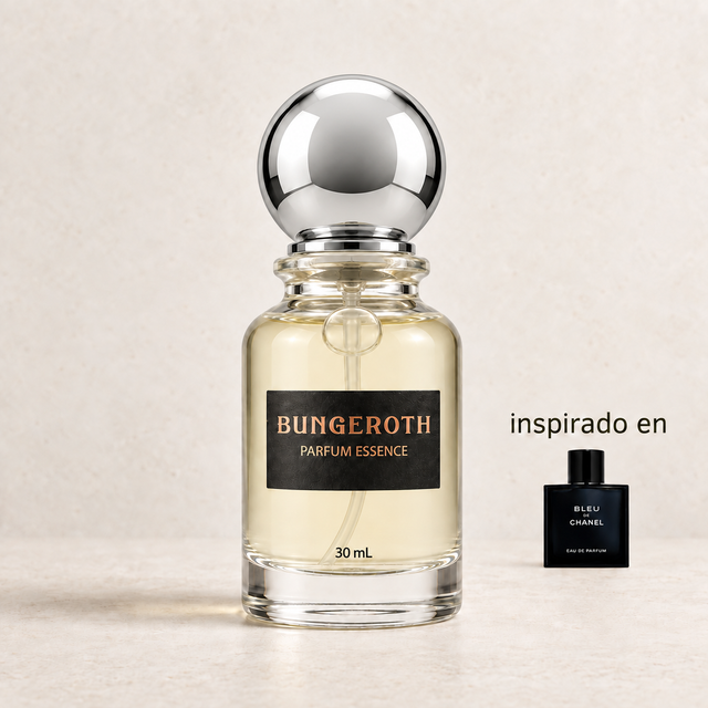 Azul Supremo (Inspirado en Bleu de Chanel) — envase Bungeroth 30 mL sobre piedra clara