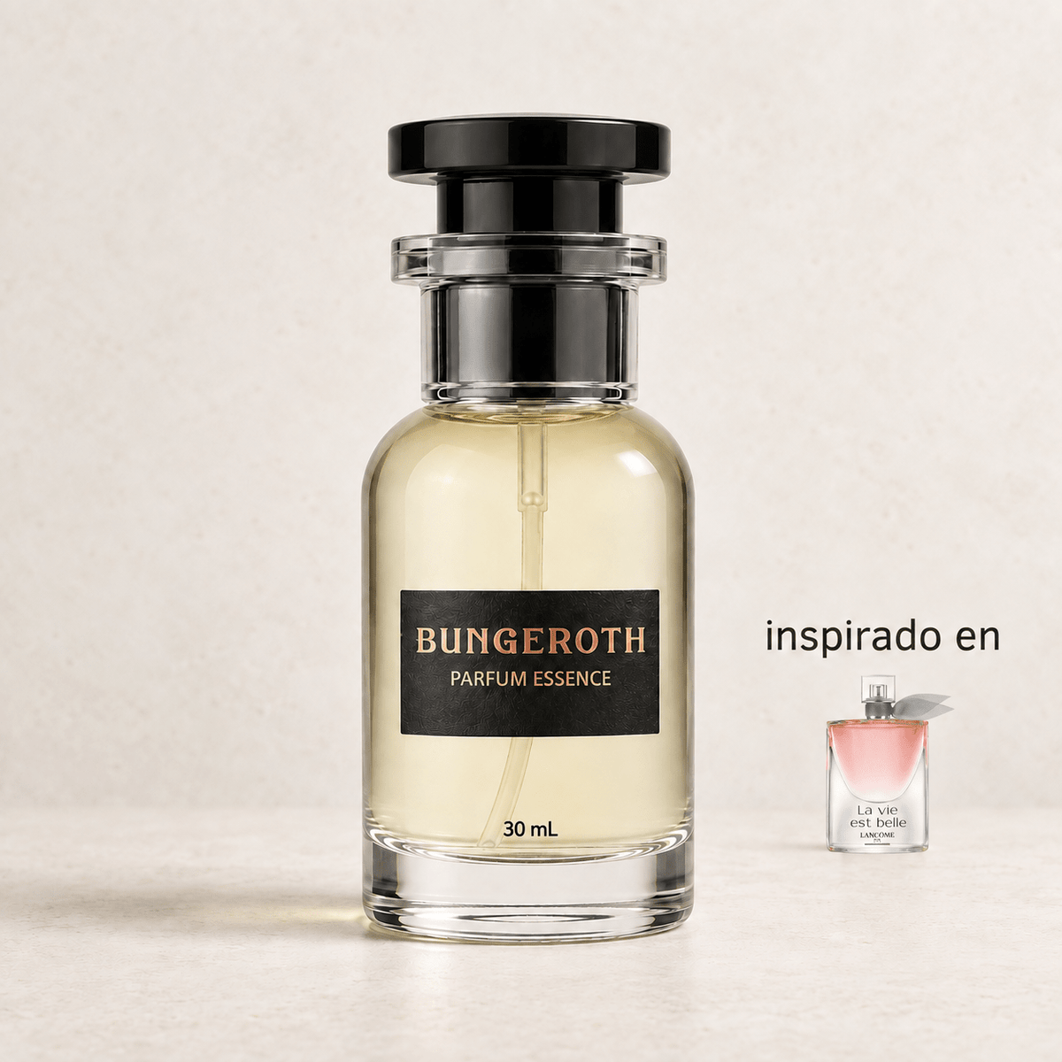 Belleza de Vida(Inspirado en Lancome La Vida Es Bella Dama) — envase Bungeroth 30 mL sobre piedra clara