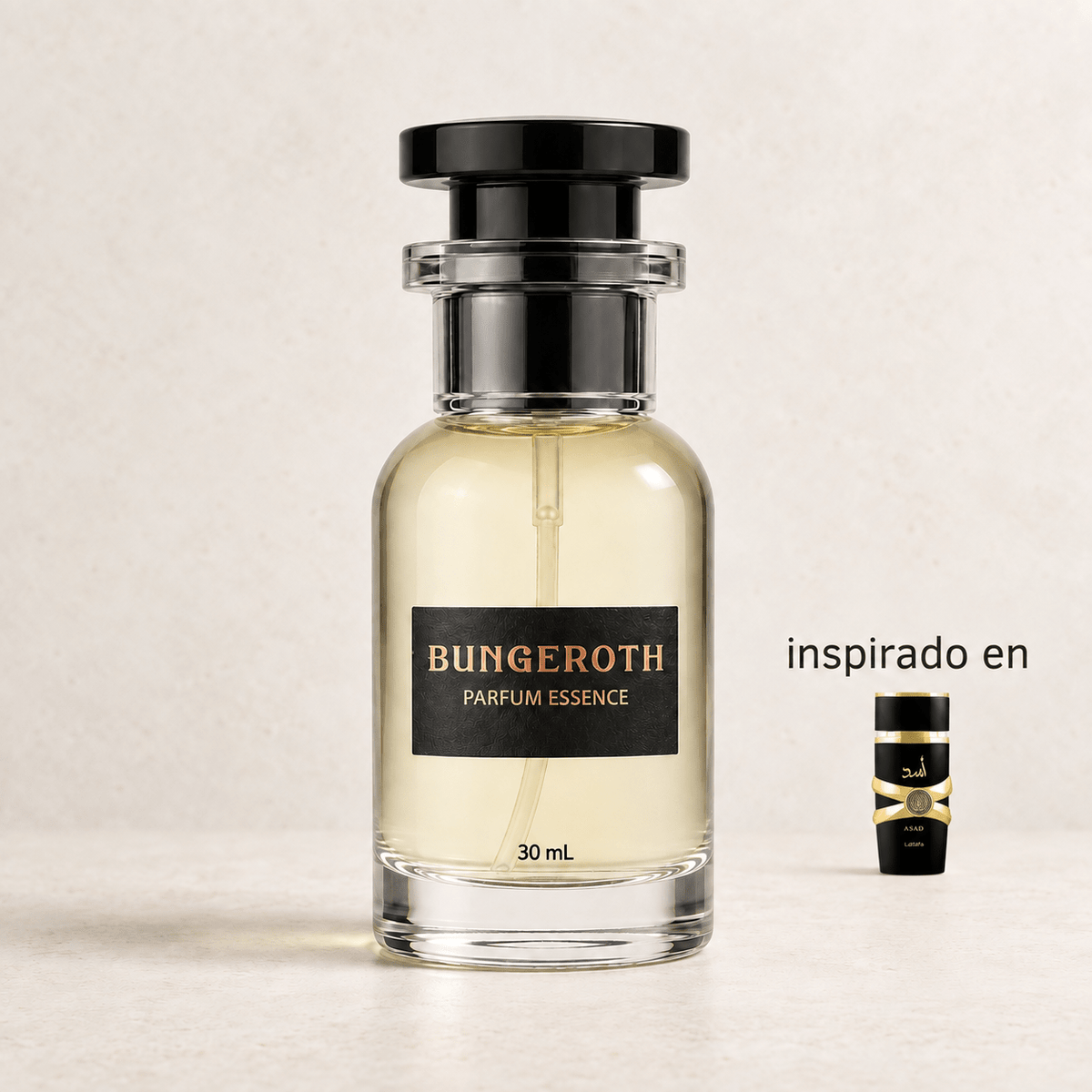 Black Flame (Inspirado en Asad de Lattafa) — envase Bungeroth 30 mL sobre piedra clara