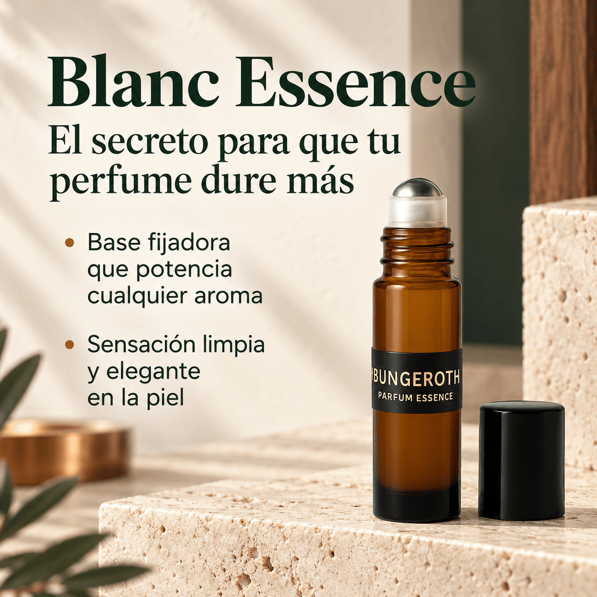 Blanc Essence 10 mL sobre piedra natural, madera y oliva
