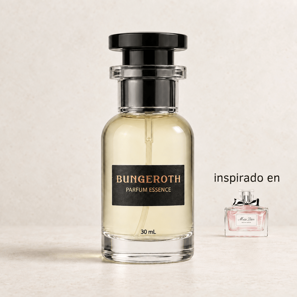 Blooming Grace (Inspirado en Miss Dior dama) — envase Bungeroth 30 mL sobre piedra clara
