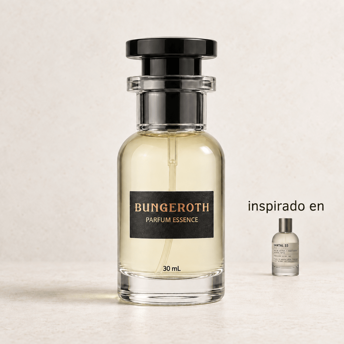 Bosque de Sándalo(Inspirado en Santal 33 Unisex) — envase Bungeroth 30 mL sobre piedra clara