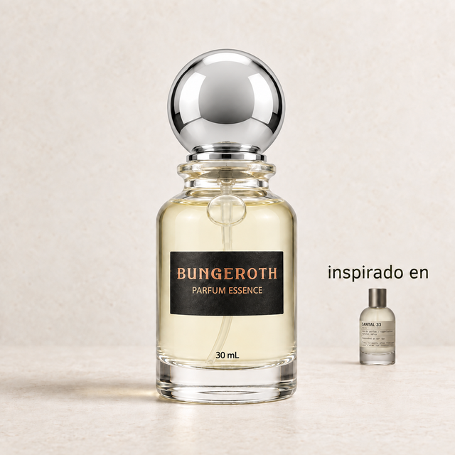Bosque de Sándalo(Inspirado en Santal 33 Unisex) — envase Bungeroth 30 mL sobre piedra clara