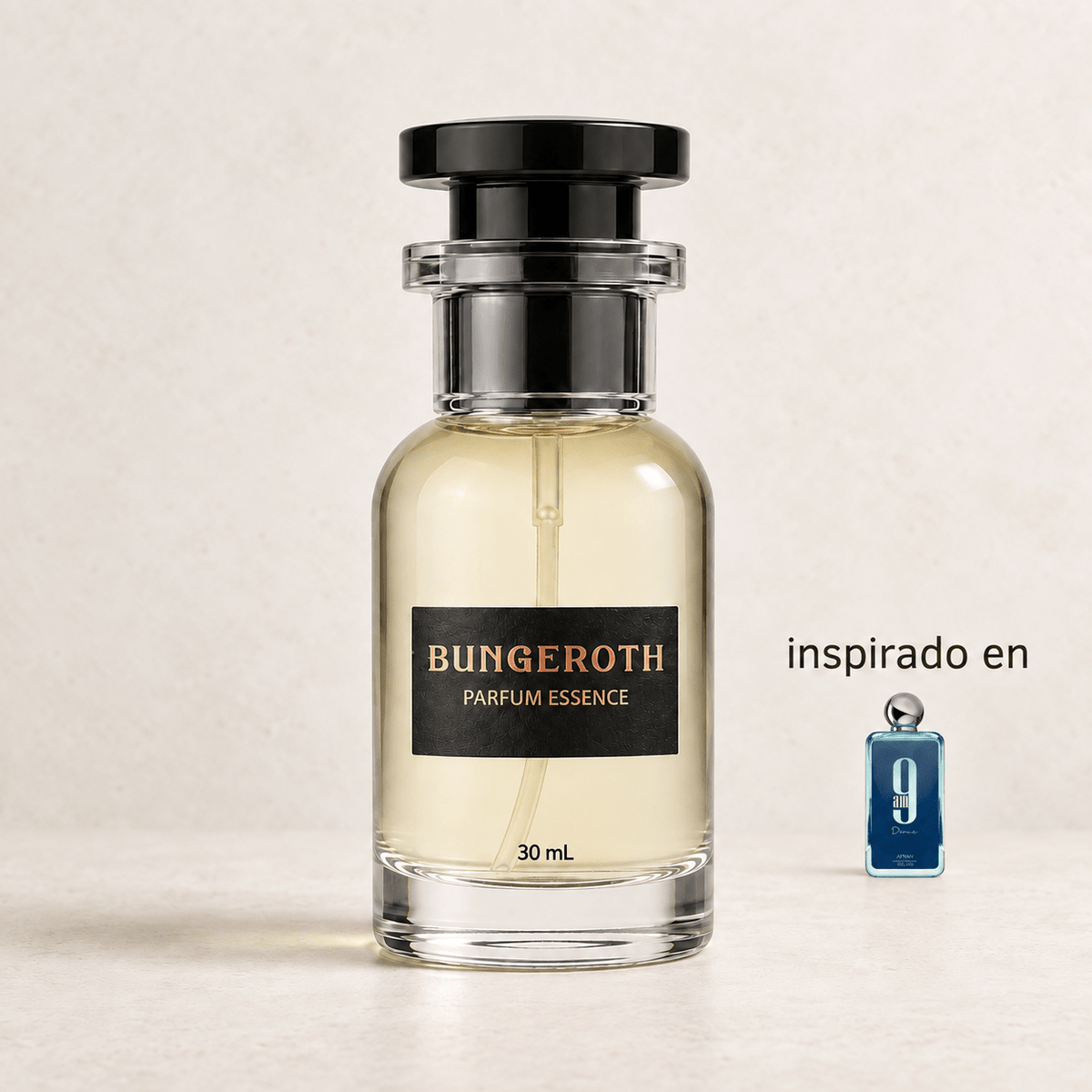 Brisa Azul(Inspirado en Afnan 9 Am Dive Unisex) — envase Bungeroth 30 mL sobre piedra clara