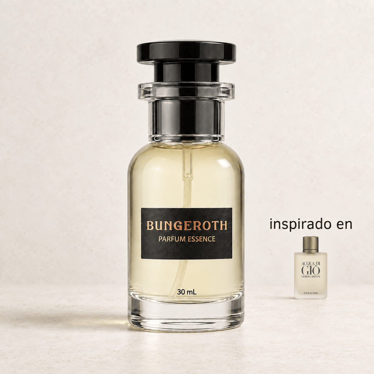 Brisa Eterna (Inspirado en Acqua di Giò) — envase Bungeroth 30 mL sobre piedra clara
